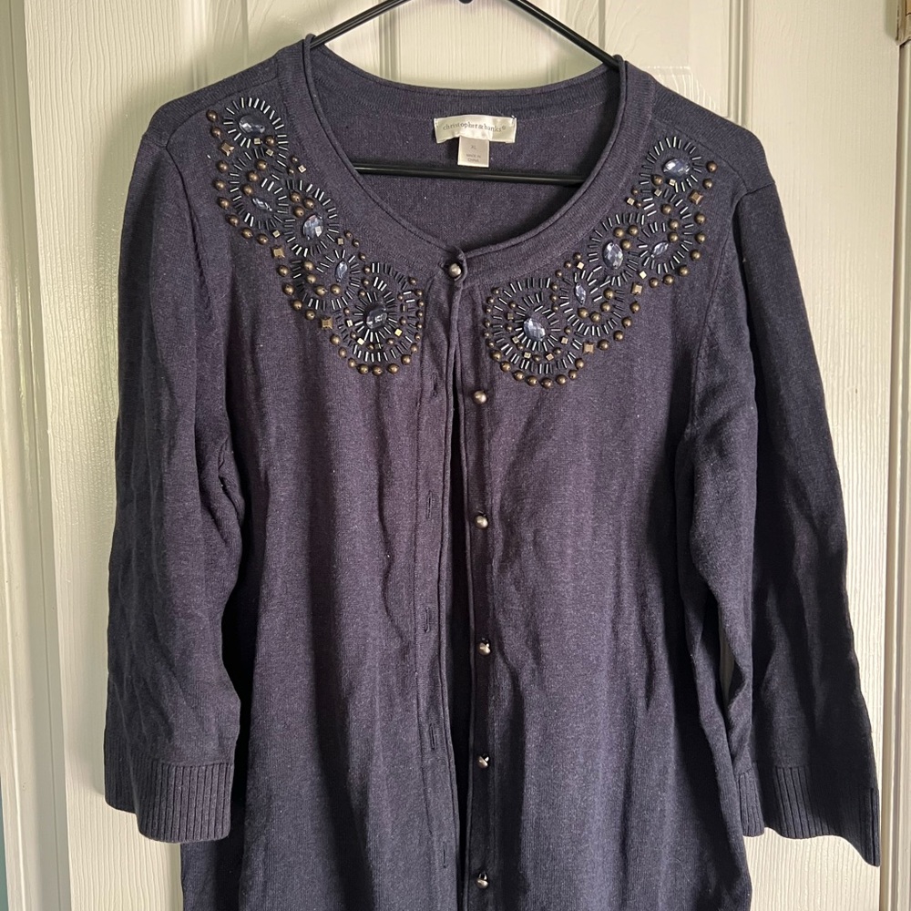 Christopher & Banks Navy Cardigan with Embellished Neckline